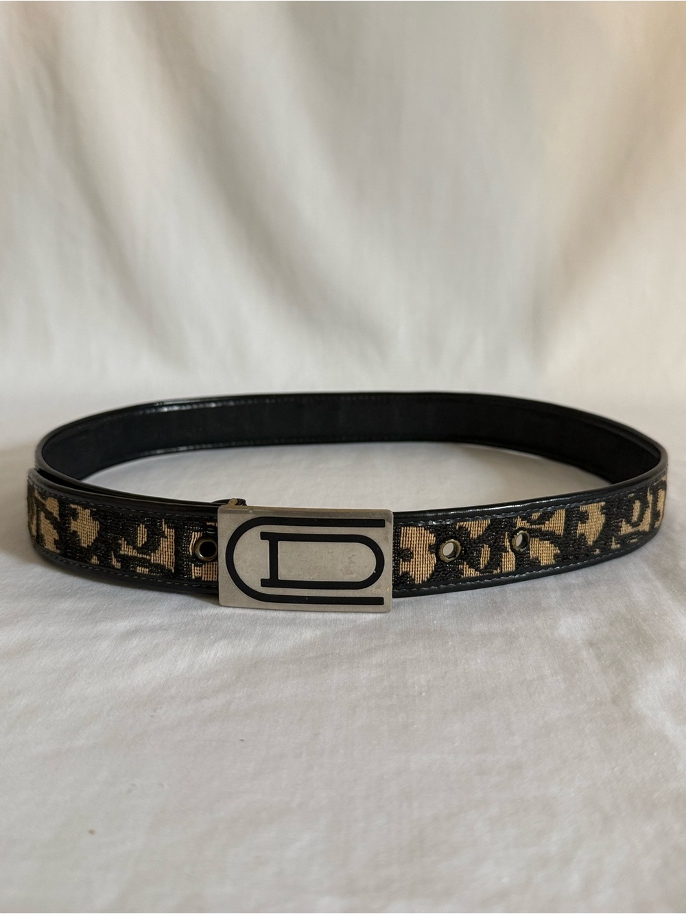Christian Dior Belt Oblique Monogram Canvas Black Tan CD Buckle Vintage - Picture 5 of 6